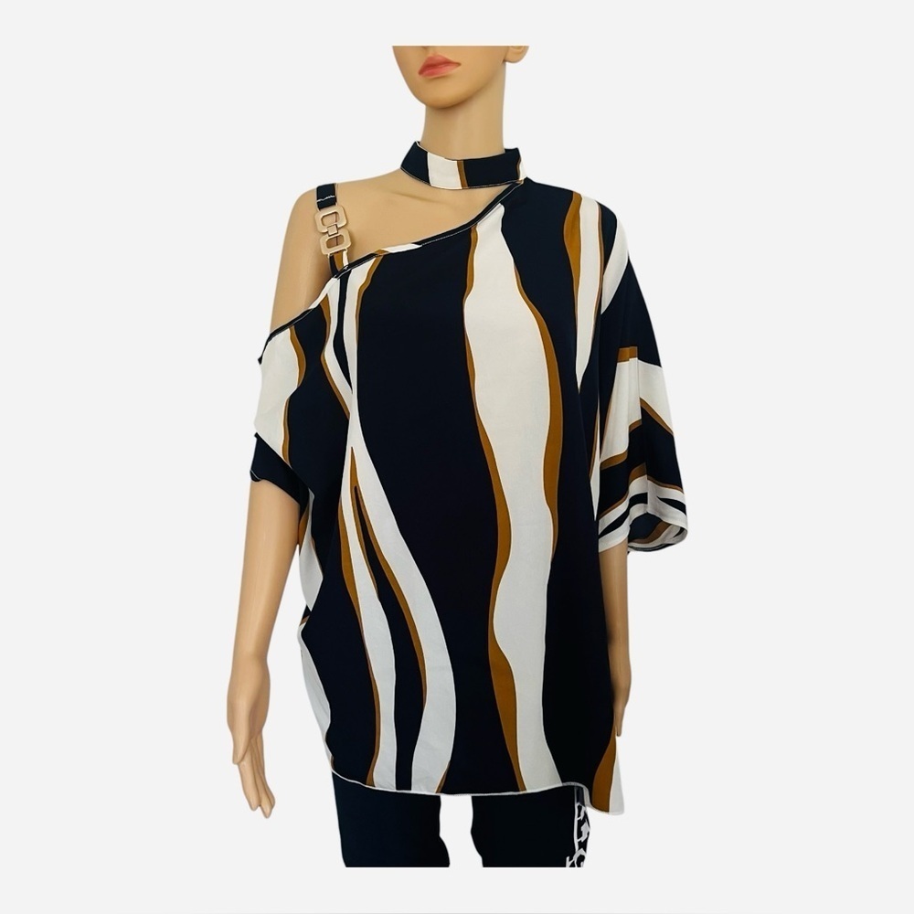 SHEIN asymmetrical neck batwing sleeve top shirt Lcolor block contemporary style - Picture 2 of 15